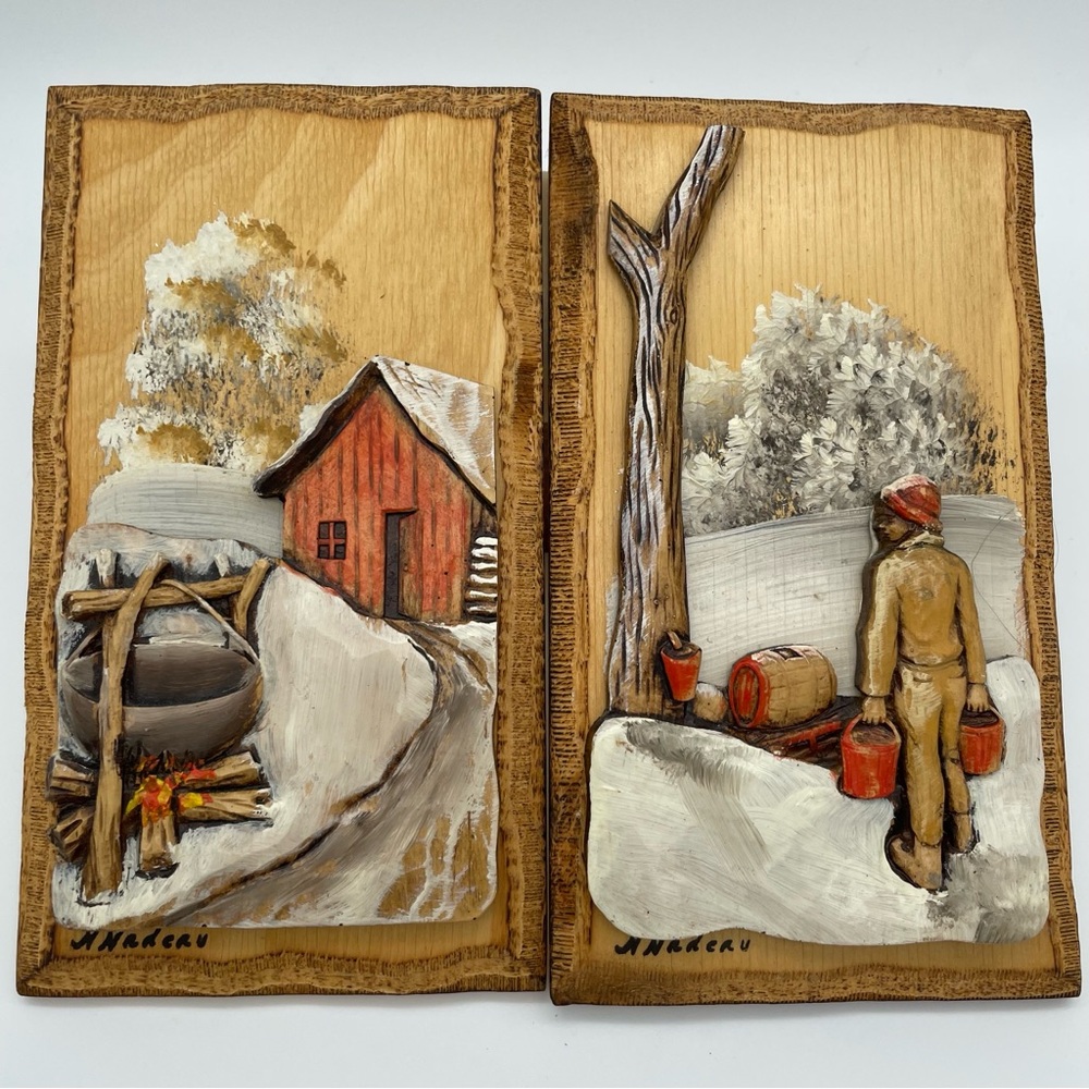 Wood Relief Wall Hanging Set by Canadian Quebec Artist N. Nadeau Maple Sugaring